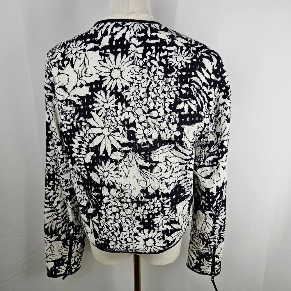 Boden Amelie Broderie Biker Jacket Sz 10 White Black Zip Front Floral Officewear